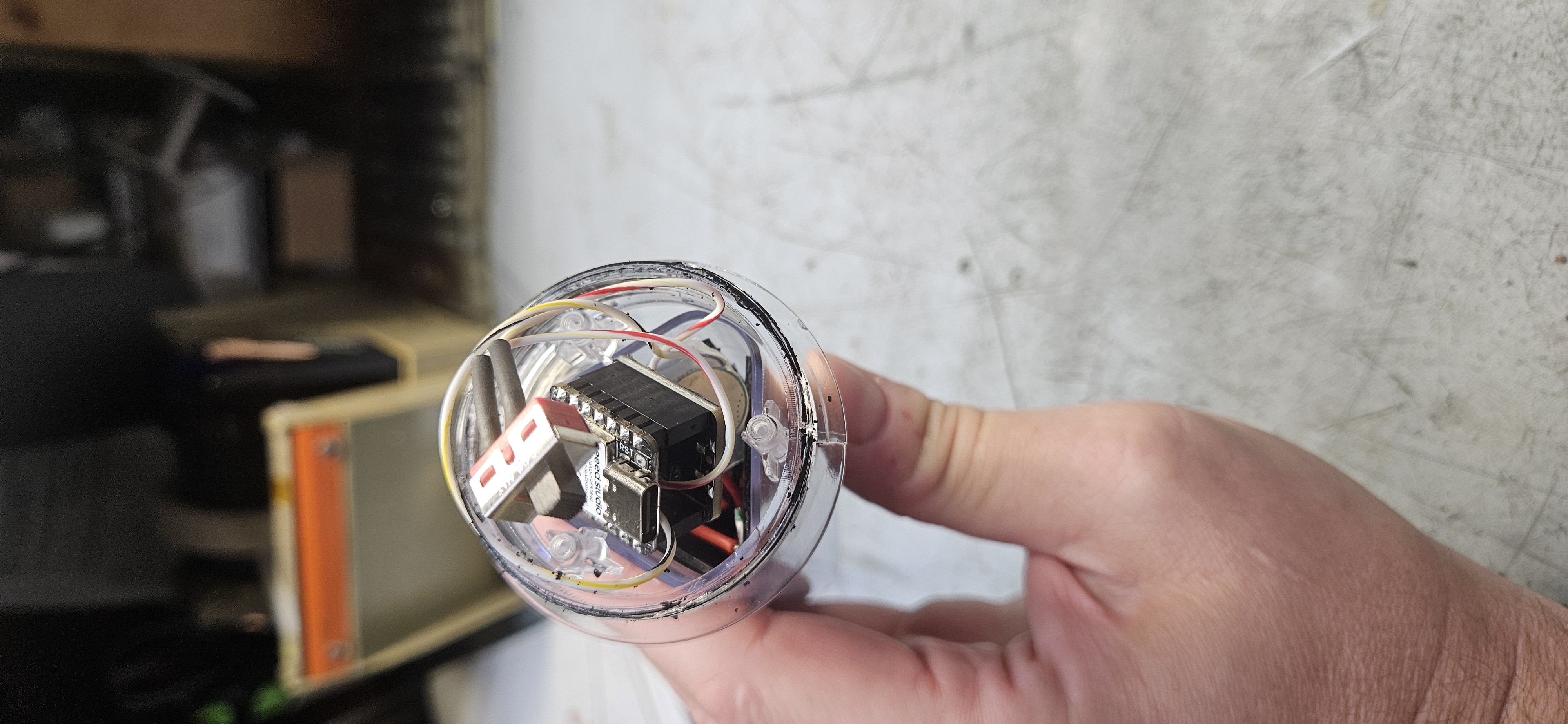 Top-down view of SPST power switch and USB port